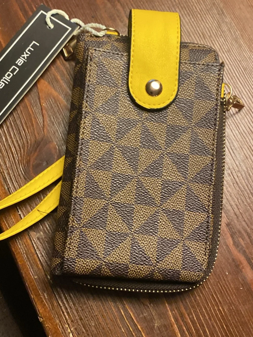 Luxie Brown Patterned Crossbody Wallet with Yellow Accent